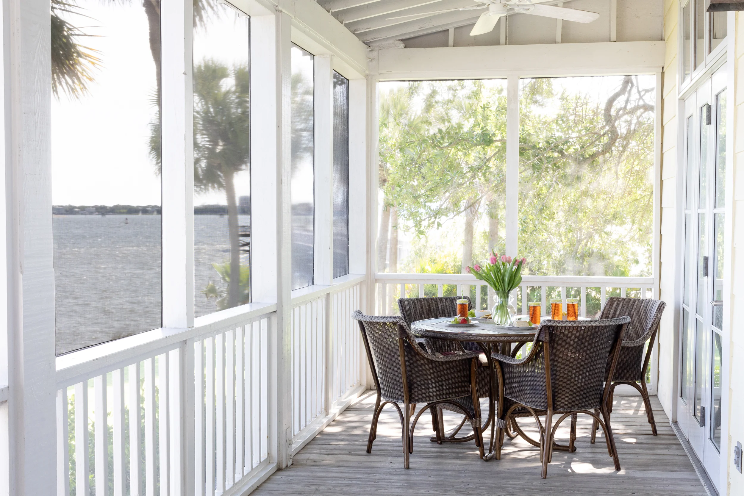 Dining table on screened-in porch